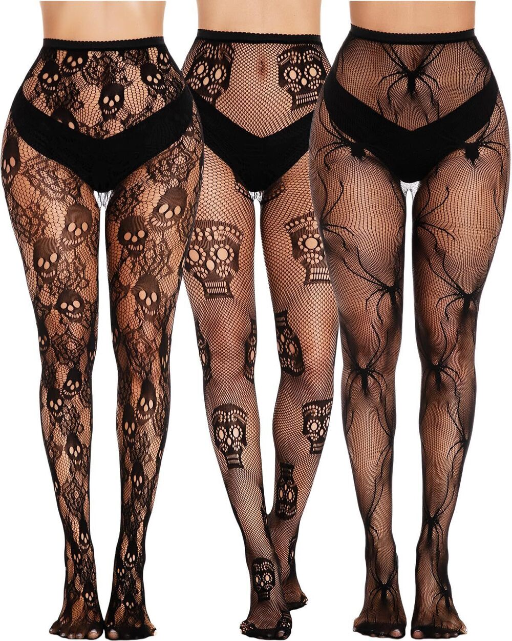 1370 3 Pairs Goth Tights - Black Skull Spider Fishnet Leggings Sheer Mesh